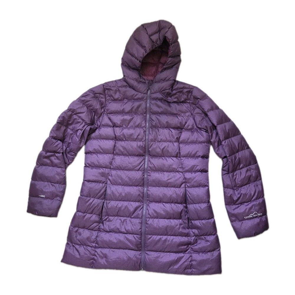 Eddie Bauer EB650 Purple Hooded Down Puffer Parka Coat Lightweight Women L EUC